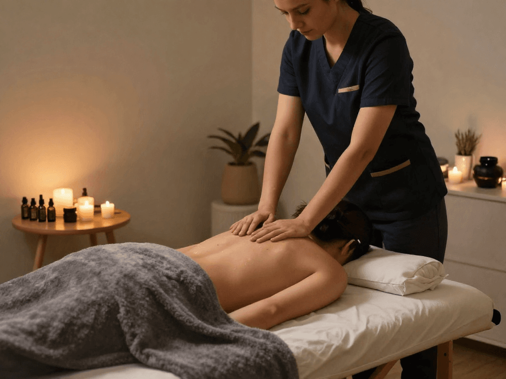 Enjoying a relaxing 출장마사지 in a cozy wellness space with soothing ambiance.