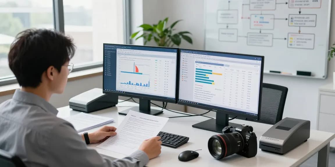 Compliance analyst performing document fraud detection analysis in a modern office environment.