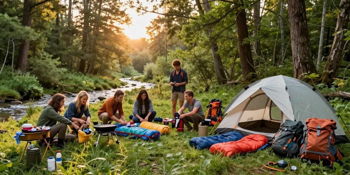 Campers exploring rokok88 gear in a scenic forest setting.