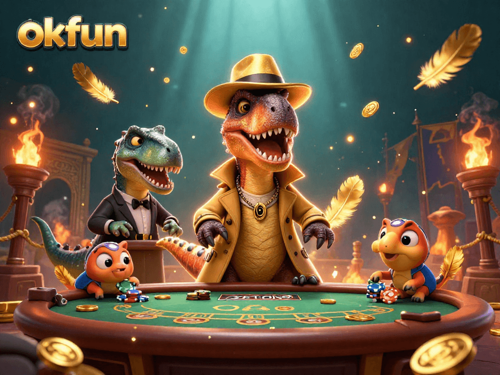 Win big at okfun with a cunning velociraptor card counter amidst a vibrant casino scene.