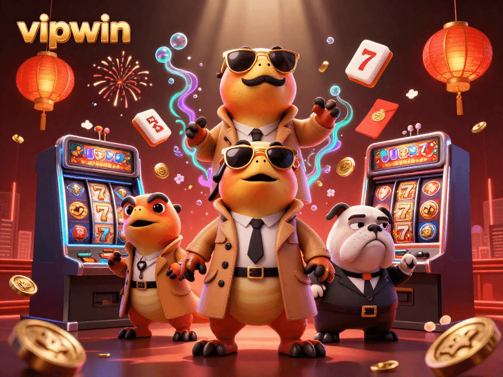 Enter the vipwin casino with three raptors in disguise while playing slots and experiencing vibrant Chinese-themed decor.