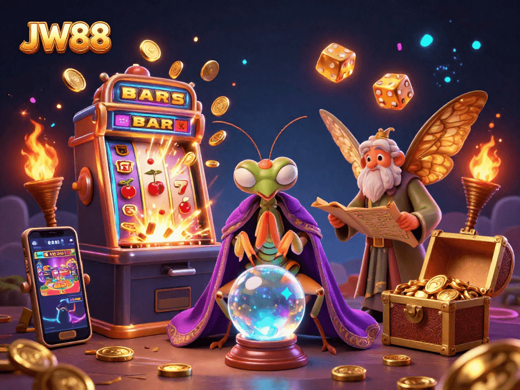 Experience the magical world of JW88 with vibrant characters and casino excitement in this stunning illustration.