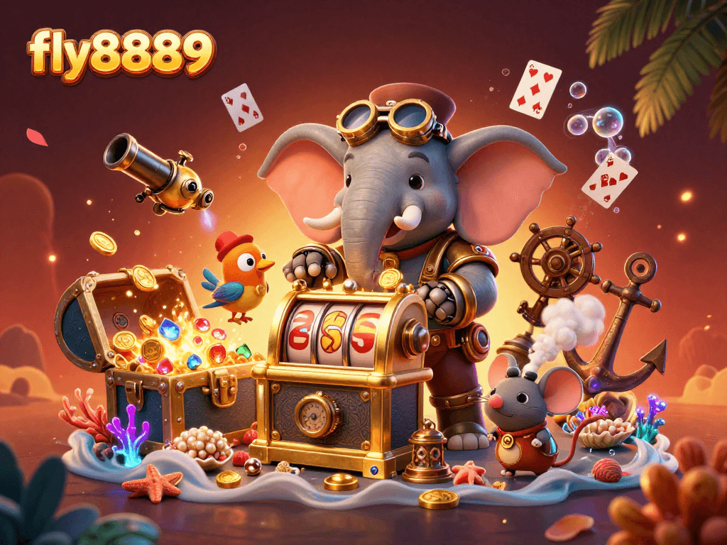 Spin the reels at fly8889 with steampunk characters and treasure-filled casino scene.