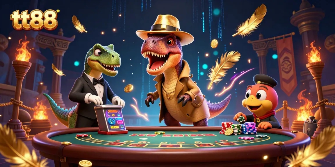 Engage in thrilling gambling at tt88 featuring a velociraptor, stegosaurus, and compy in a casino setting.