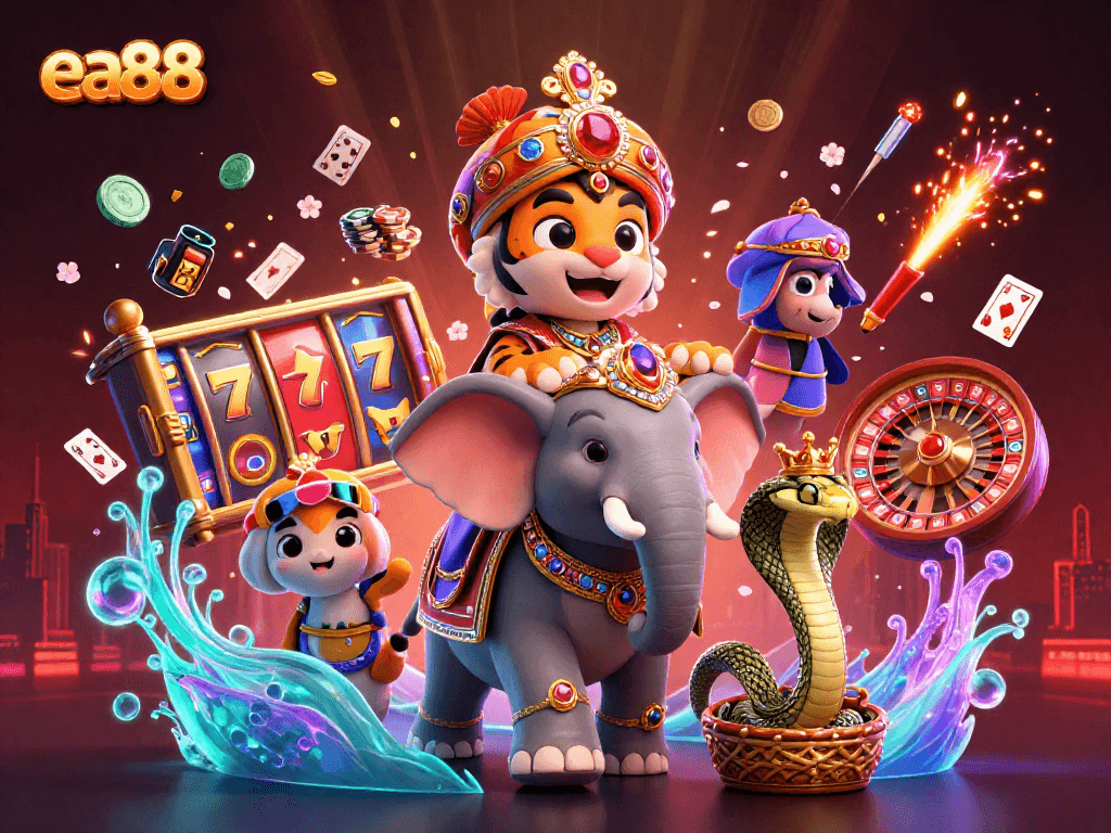Experience thrilling gaming action at ea88 with vibrant slot reels and a cartoon casino scene.