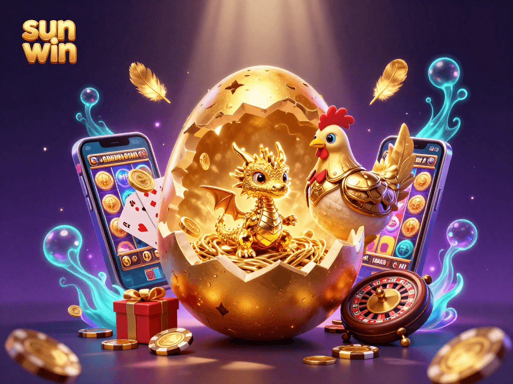 Spin to win at sun win with a golden dragon revealing treasures of poker chips and vibrant game elements.