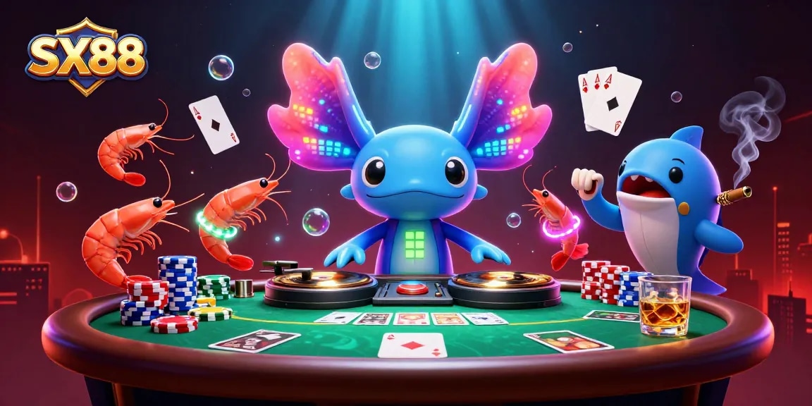 SX88 offers thrilling casino action with vibrant characters like a DJ axolotl and lively dancing shrimp.