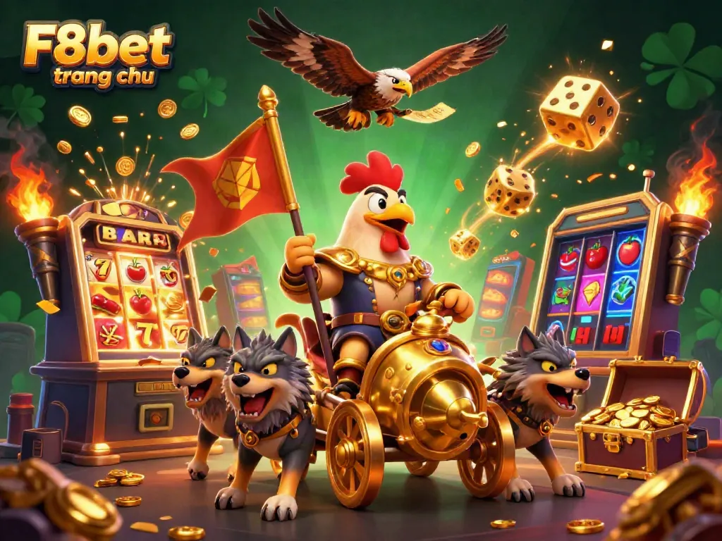 Engage in thrilling play at F8bet trang chủ with a 3D cartoon illustration of a rooster warlord, golden chariot, and casino elements.