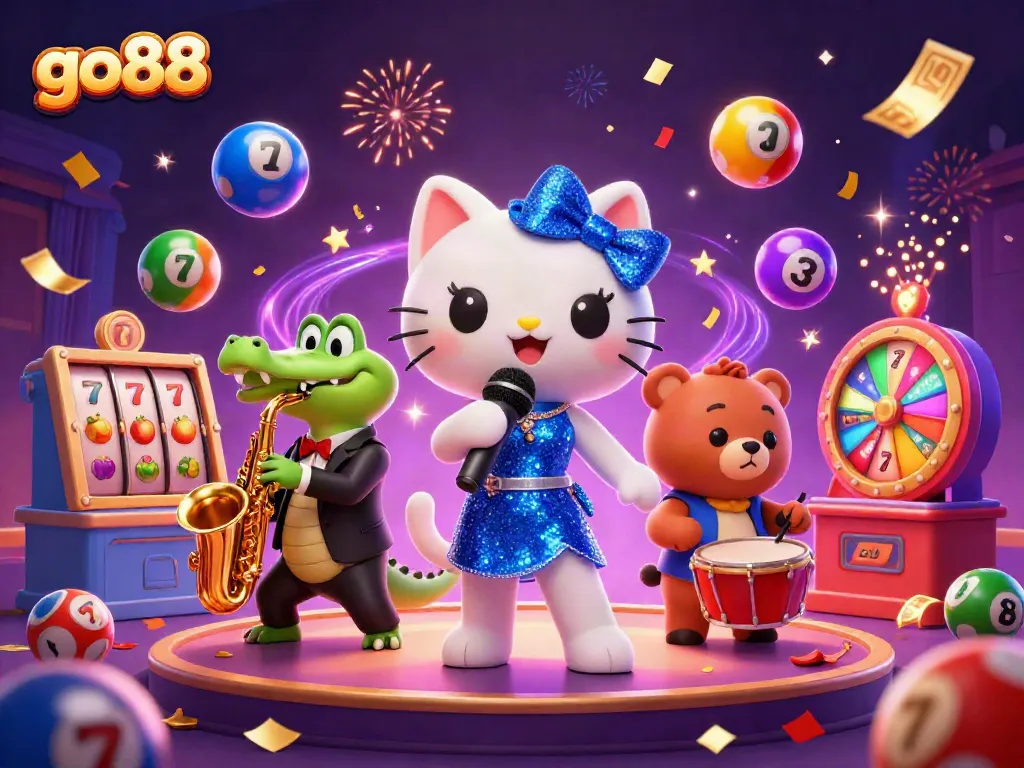 Experience the excitement of go88 with a lively 3D cartoon casino scene featuring a jazz-singer cat, saxophone crocodile, and bear drummer.