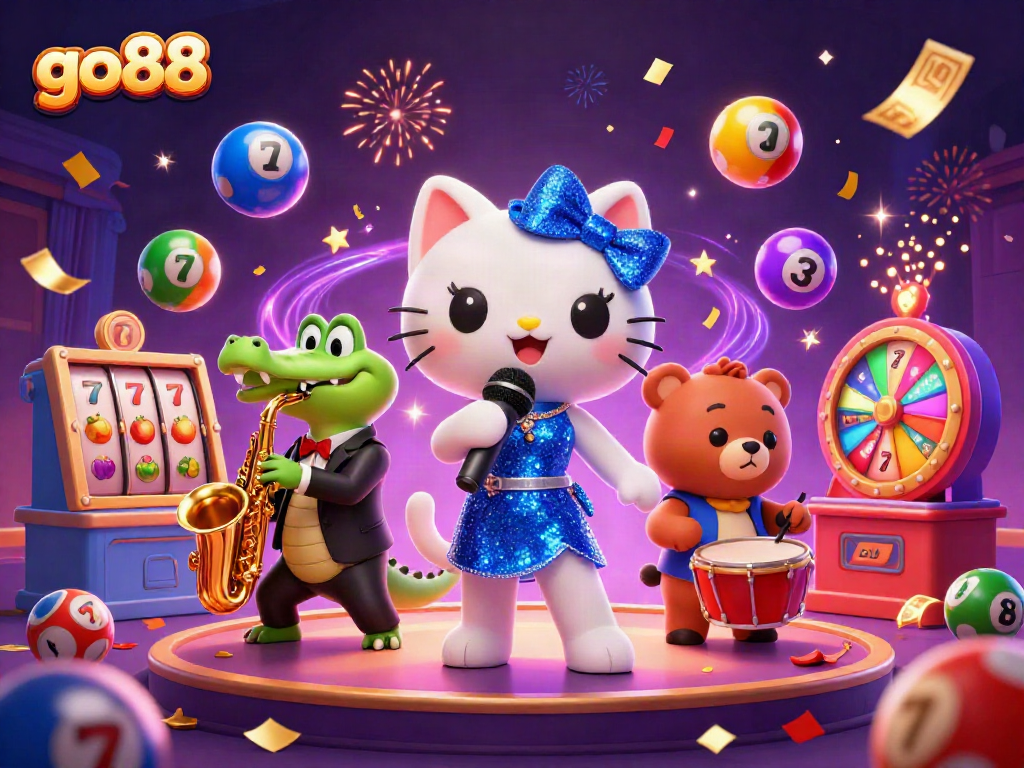 Experience the excitement of go88 with a lively 3D cartoon casino scene featuring a jazz-singer cat, saxophone crocodile, and bear drummer.