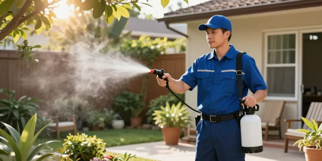 Pest control Calgary technician applying eco-friendly treatment in backyard.