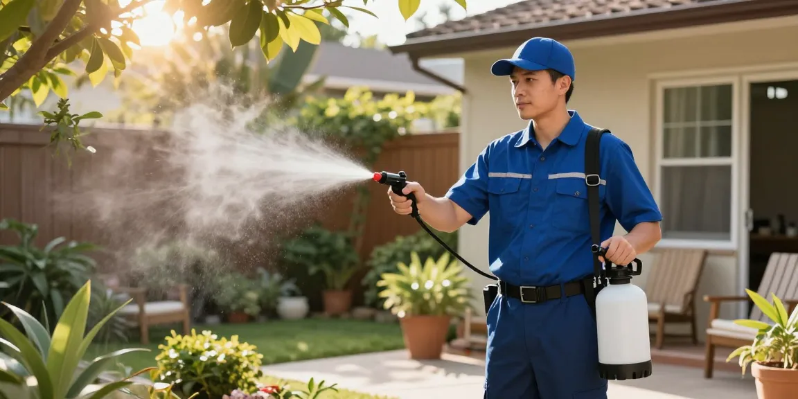 Pest control Calgary technician applying eco-friendly treatment in backyard.
