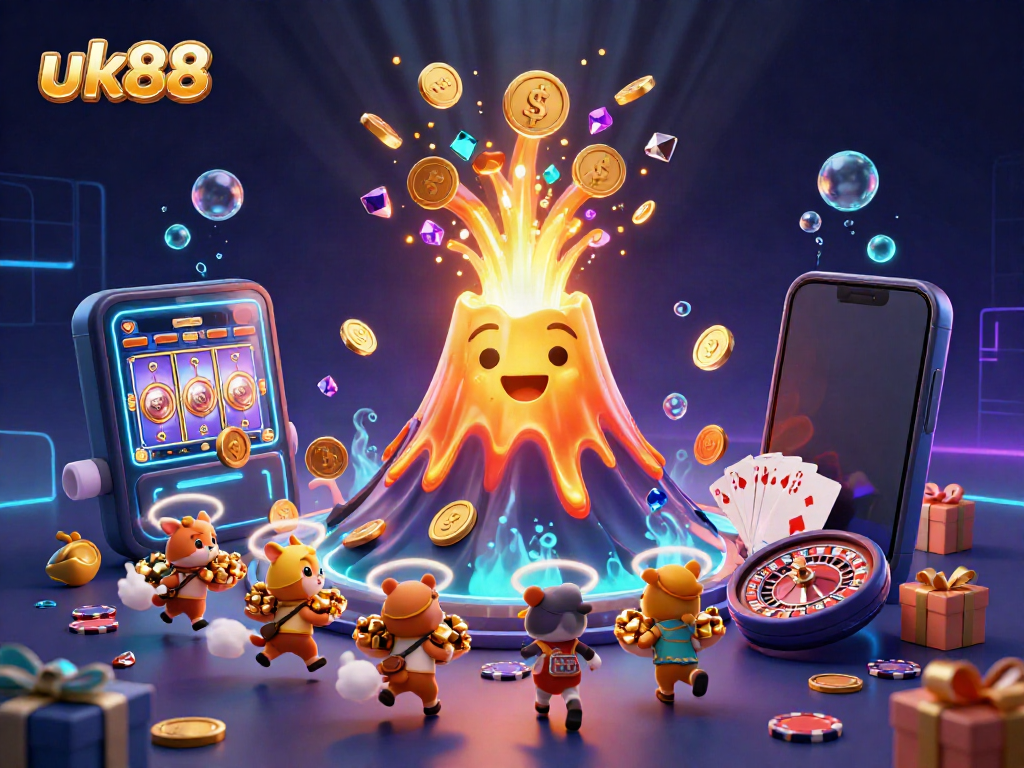 Experience thrilling jackpots with uk88's exciting casino games amidst rushing treasures and vibrant graphics.