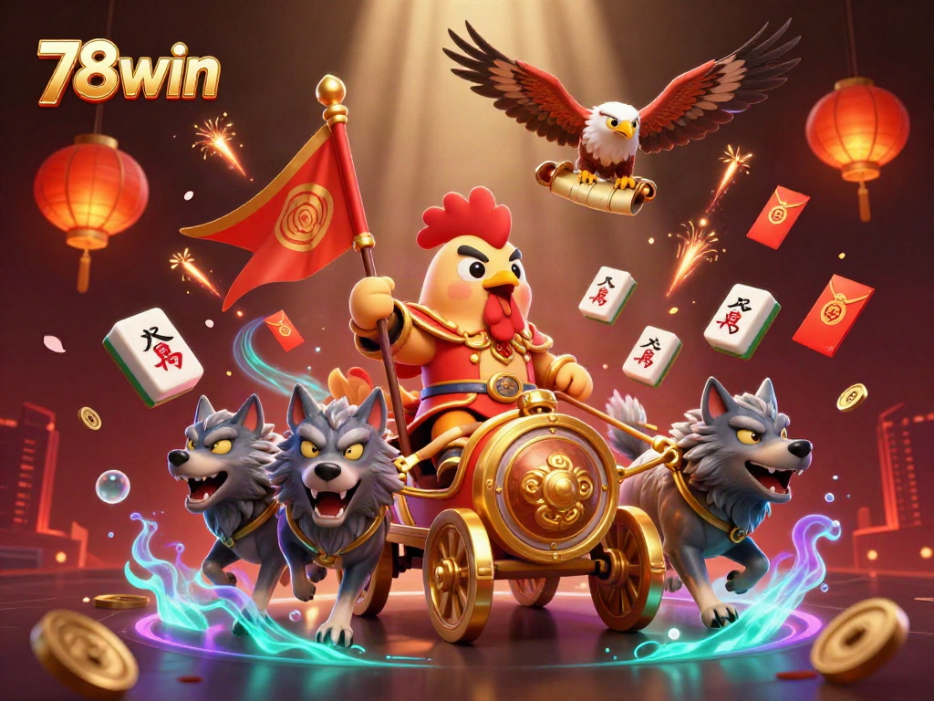 78win showcases a vibrant casino adventure with a cartoon rooster riding a golden chariot, evoking excitement in gambling.