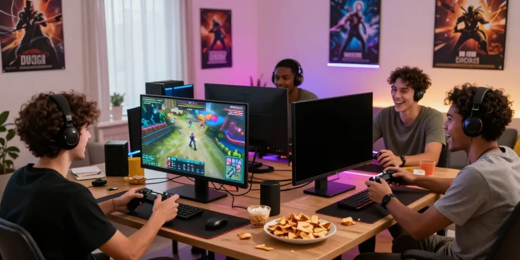 Friends gaming at home on DU88, showcasing competitive online play and fun atmosphere.