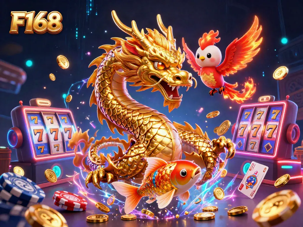 Experience the thrill of F168 with a dazzling casino scene filled with slots, dragons, and gold coins.