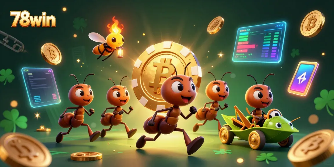Engage in the 78win heist, featuring cartoon ants with a golden poker chip, high-energy gambling scene.