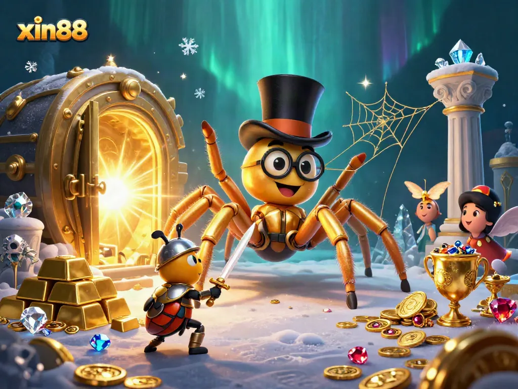 Join the adventure at xin88 with a golden tarantula and knight as they explore casino treasures.