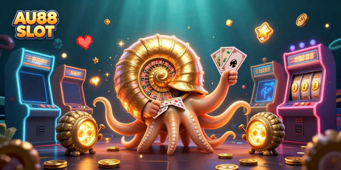 Play thrilling AU88 SLOT with a mesmerizing ancient nautilus and glowing ammonites in a vibrant casino scene.