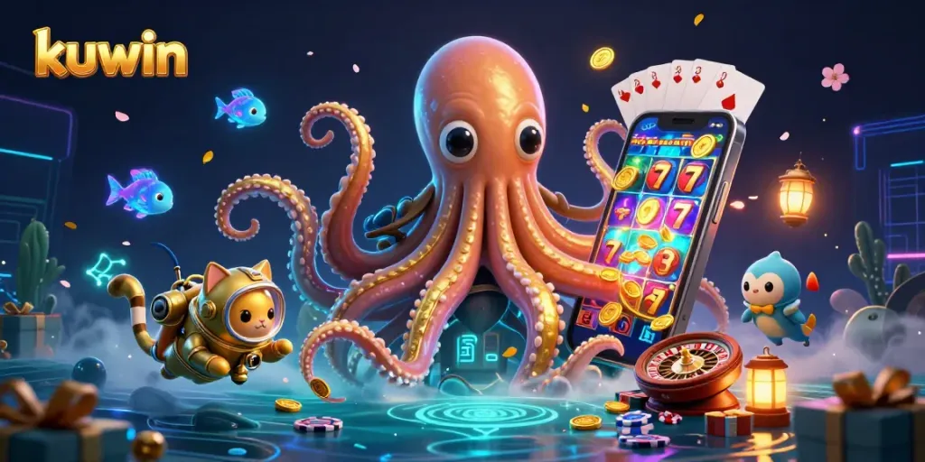 Kuwin players dive into fun with a colorful slot game and a kraken treasure scene.