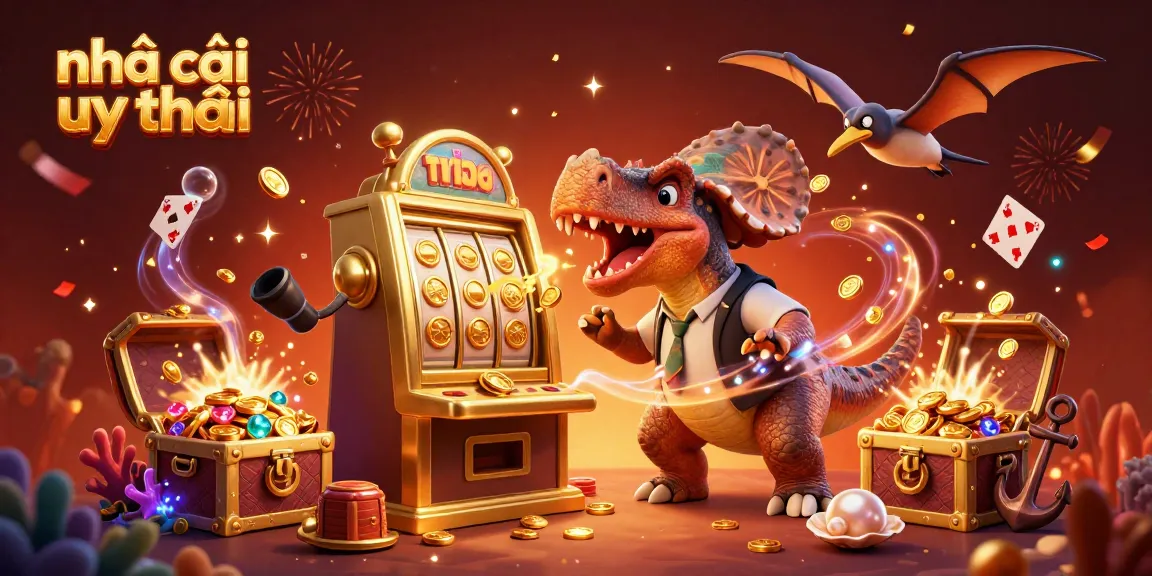 An exciting scene showing nhà cái uy tín characters as a cartoon dinosaur interacts with a golden slot machine amidst golden coins and confetti.
