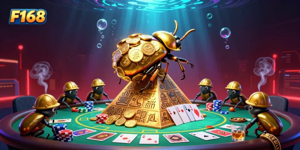 Join the excitement at F168, where a golden beetle rolls coins in a vibrant casino scene.