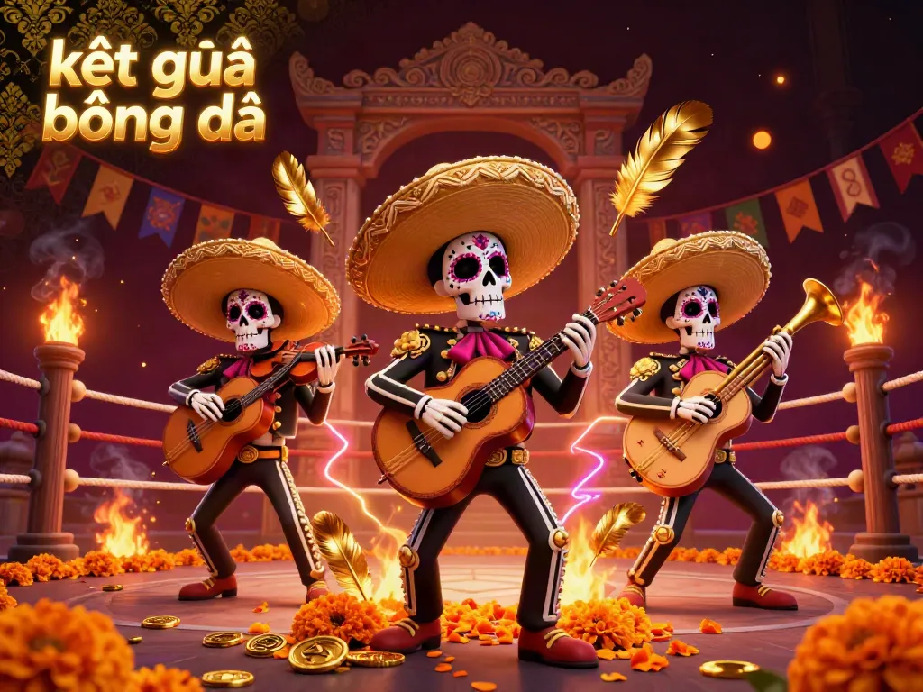 Track real-time kết quả bóng đá with a vibrant mariachi band surrounded by casino elements and dynamic effects.