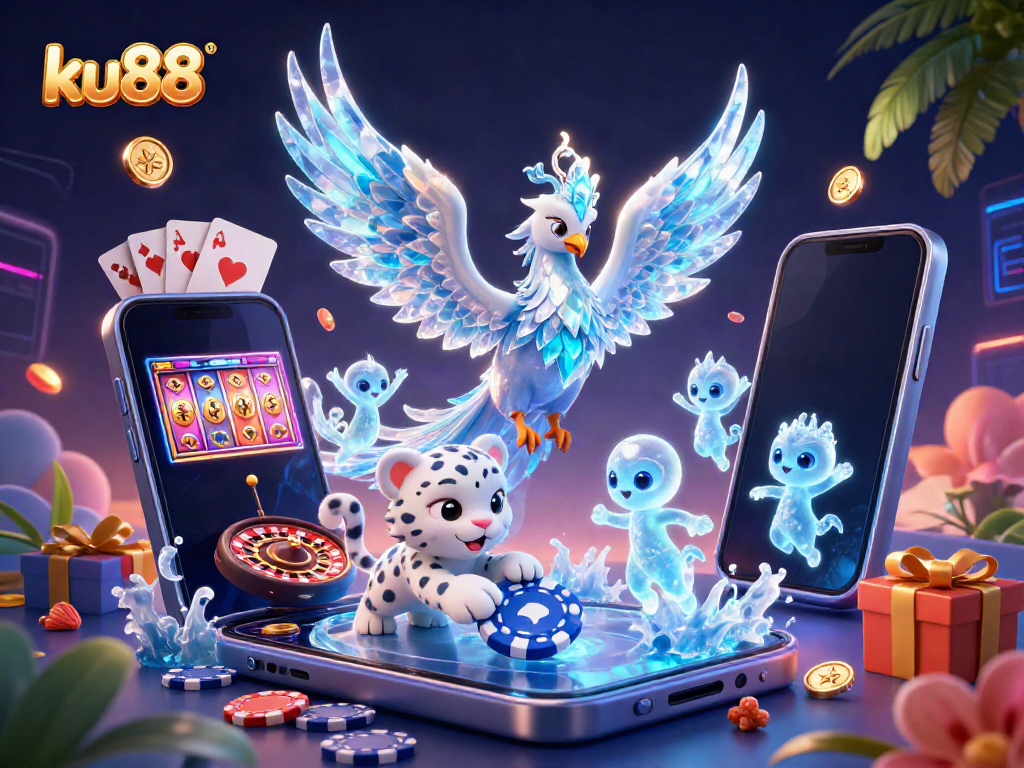 Engaging scene showcasing ku88 with a vibrant 3D ice phoenix and casino elements, enticing players to spin and win.