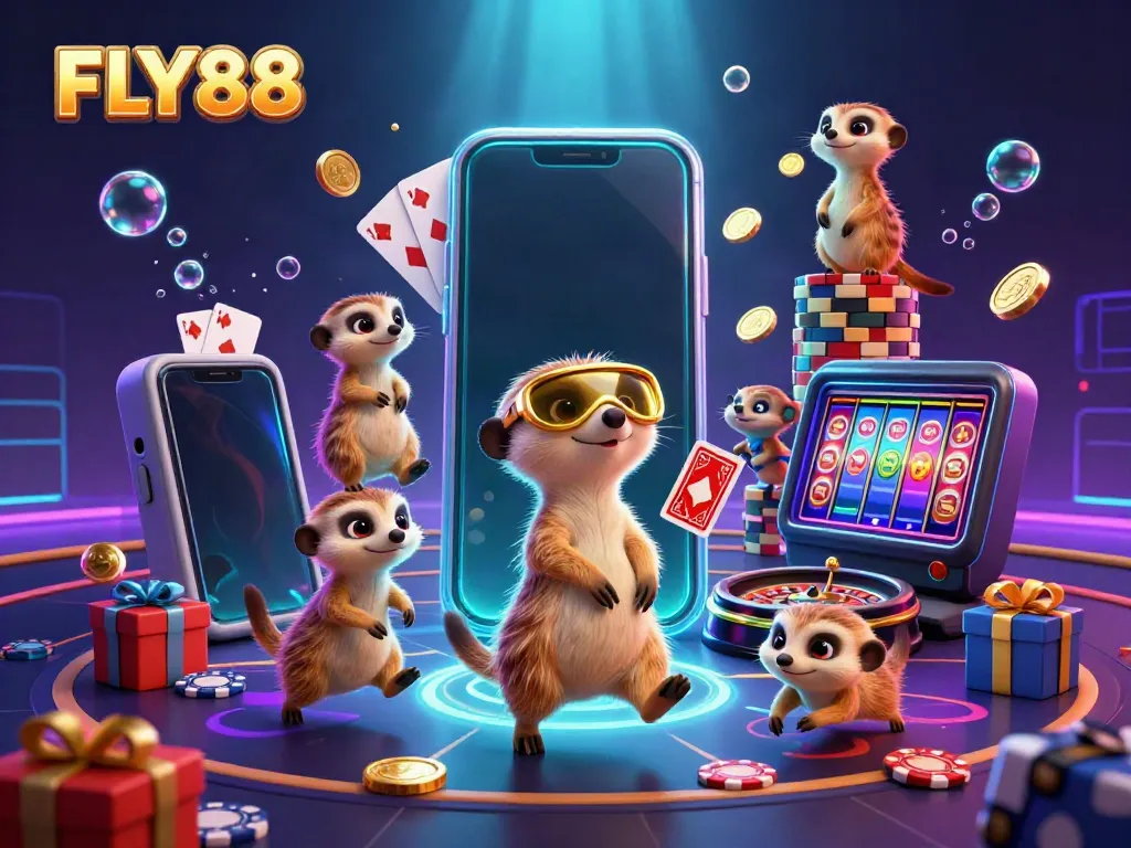 FLY88 gaming action scene with playful meerkats conducting casino games and colorful slot displays.