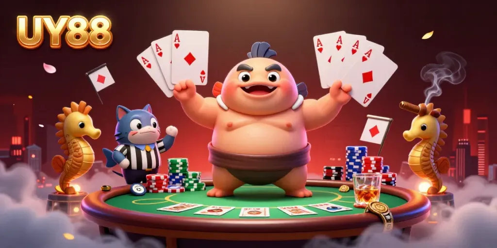 Experience UY88's vibrant underwater casino setting with a fugu, catfish referee, and exciting poker elements.