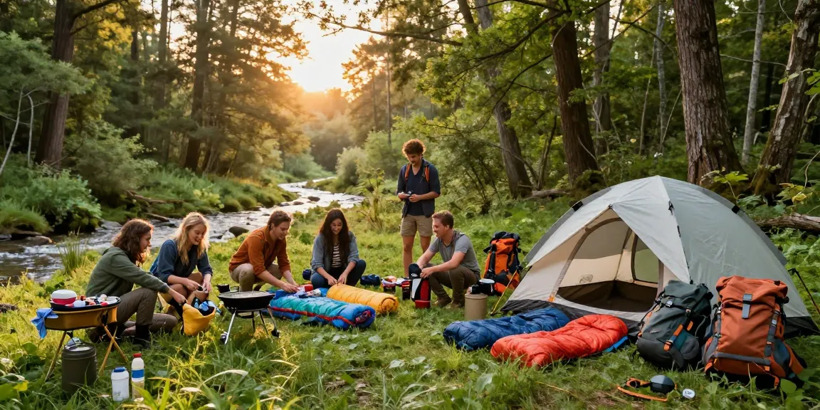 Campers exploring rokok88 gear in a scenic forest setting.