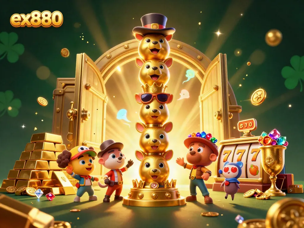 Spin the reels and uncover treasures with ex880 in a dynamic casino illustration filled with excitement.