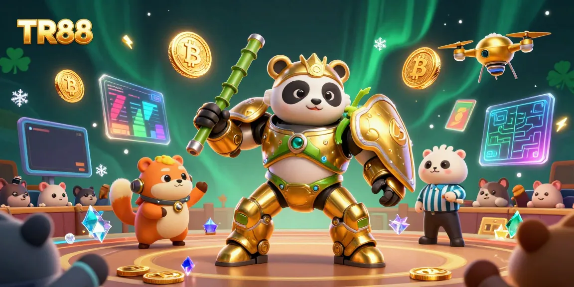 Experience winning at TR88 with a golden panda piloting a robot in a vibrant casino arena.