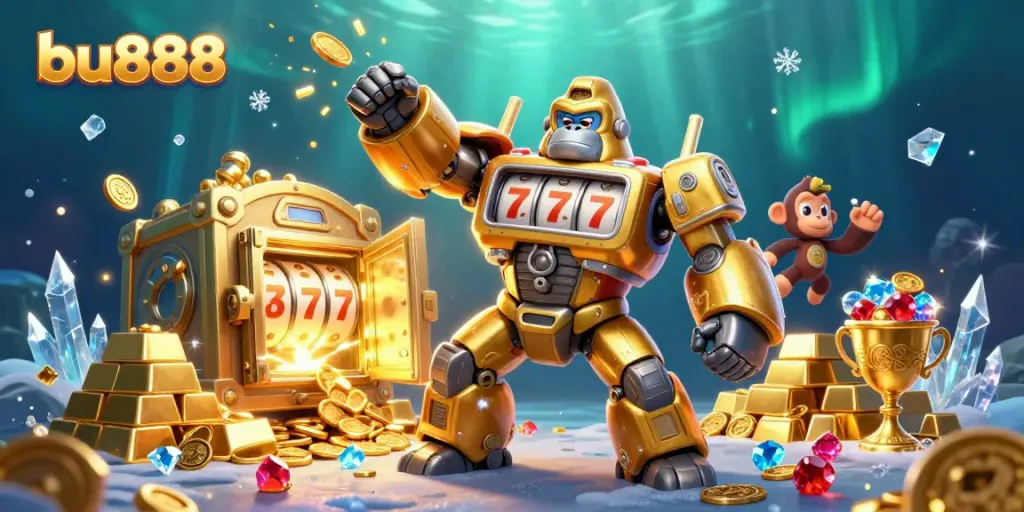 Experience gambling excitement with bu888's golden mech surrounded by riches and charms.