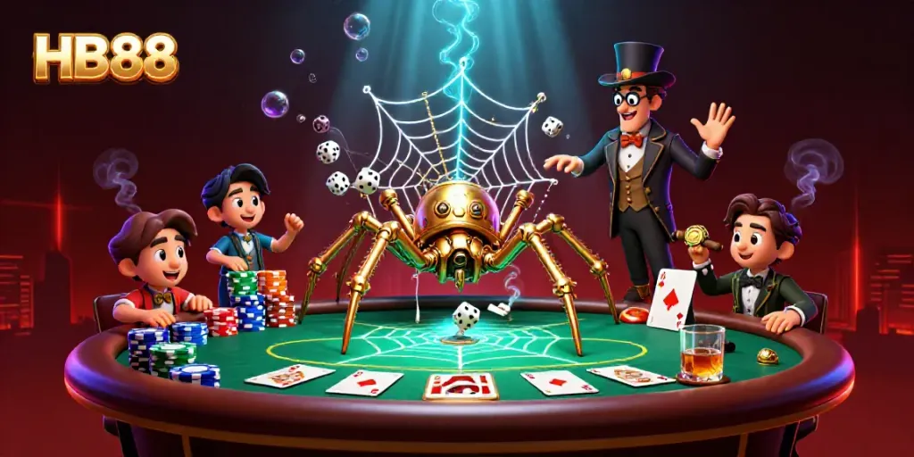Engaging HB88 steampunk casino scene with a golden spider and poker elements.