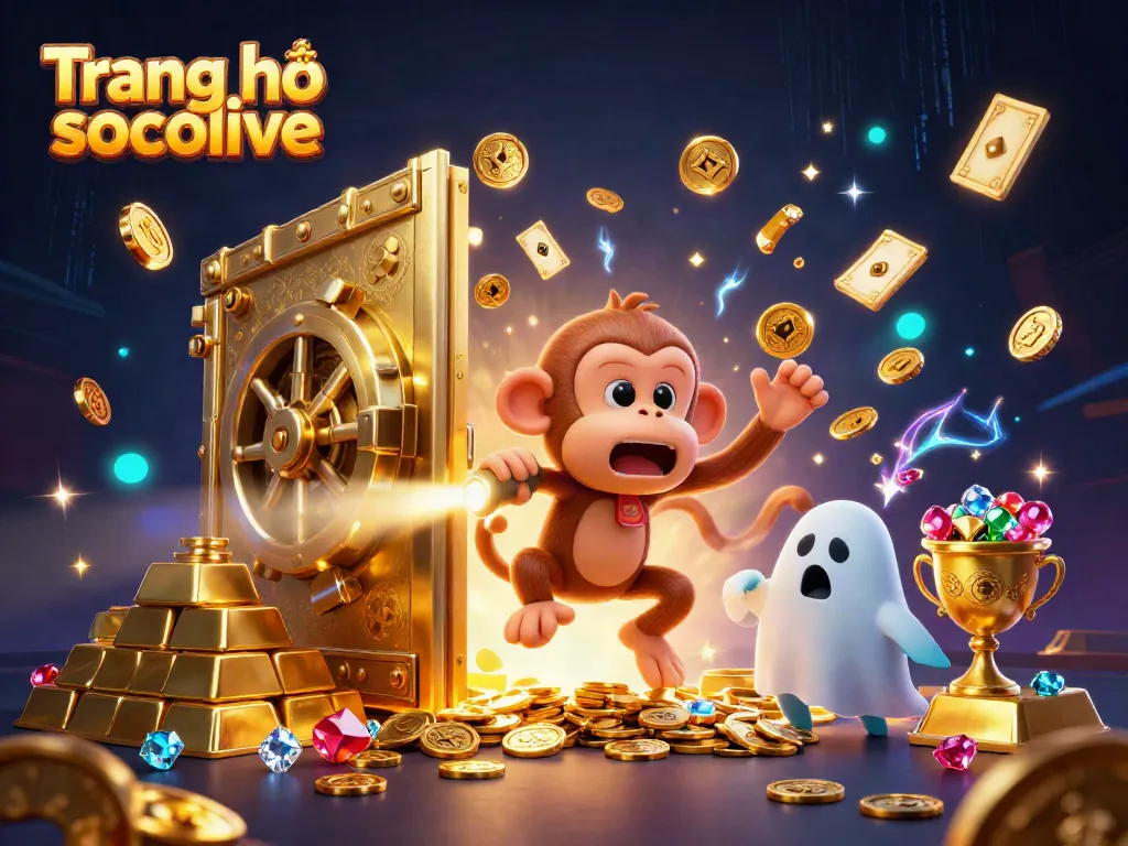 Engaging illustration of Trang chủ socolive featuring a playful poltergeist monkey and curious puppy in a vibrant casino setting