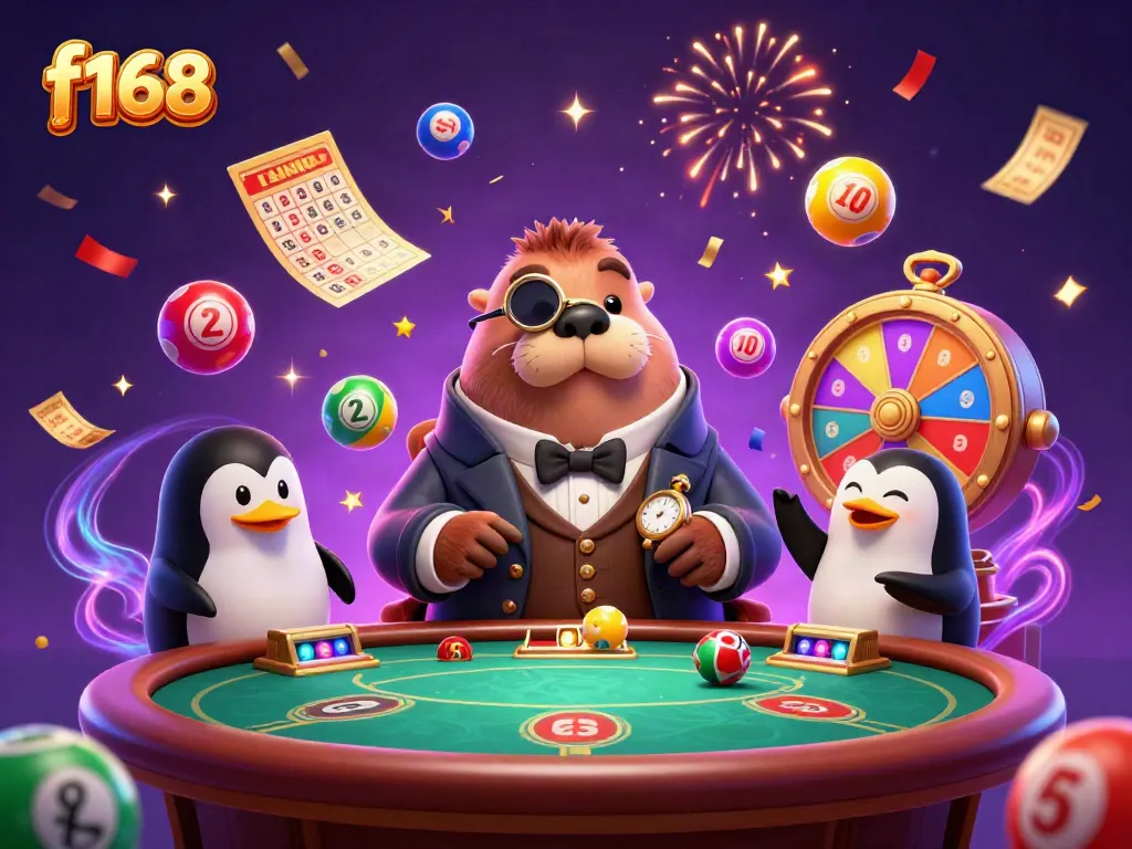 Engaging scene of the jolly walrus playing at a vibrant f168 poker table along with a penguin dealer and a bluffing pufferfish.