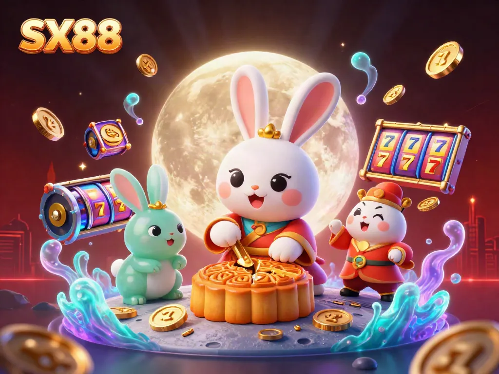 Experience winning moments at SX88 with a lunar-themed illustration featuring a moon rabbit and captivating casino elements.