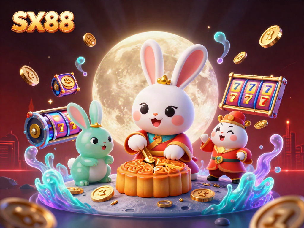 Experience winning moments at SX88 with a lunar-themed illustration featuring a moon rabbit and captivating casino elements.