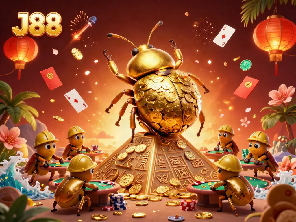Engage in thrilling action at J88 casino with animated beetles rolling golden coins and poker elements.
