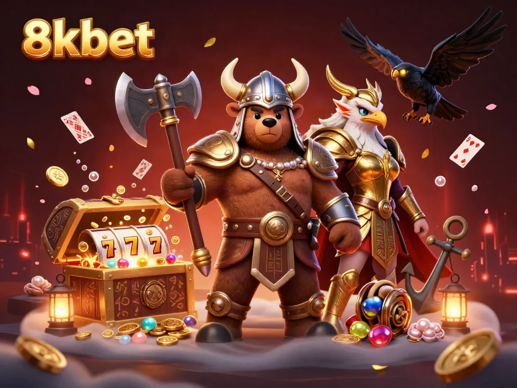 Win big at 8xbet with vibrant gaming scenes featuring a Viking bear and Valkyrie eagle.