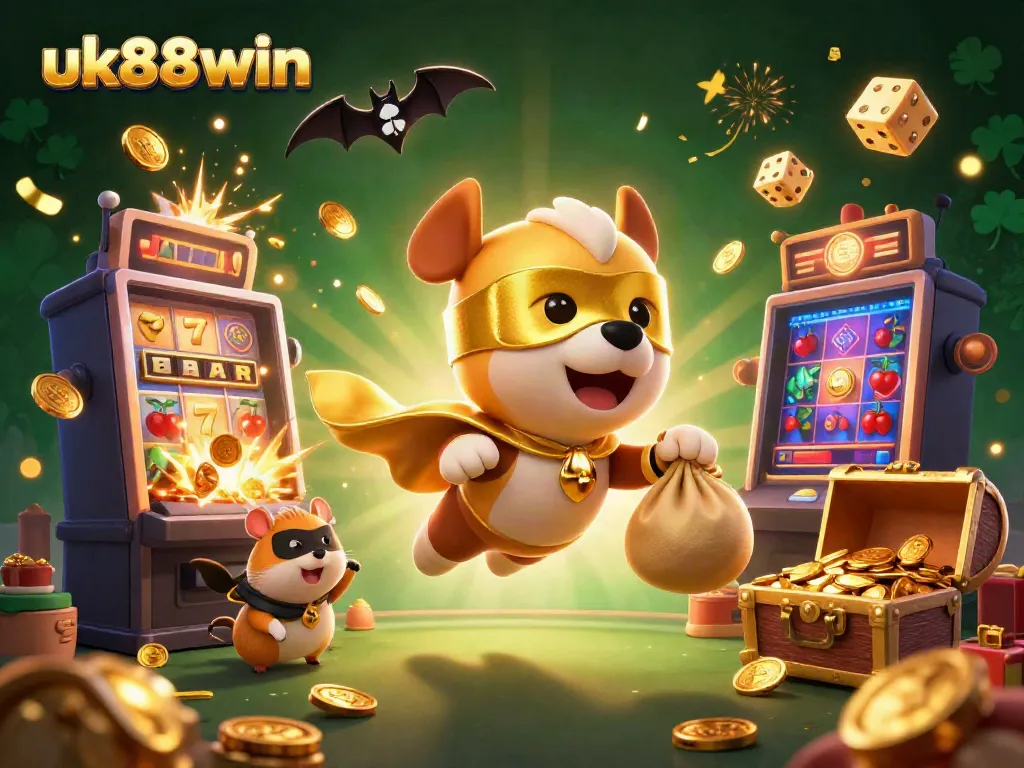 Experience uk88win with dynamic gaming excitement and vibrant casino elements in this colorful 3D illustration.