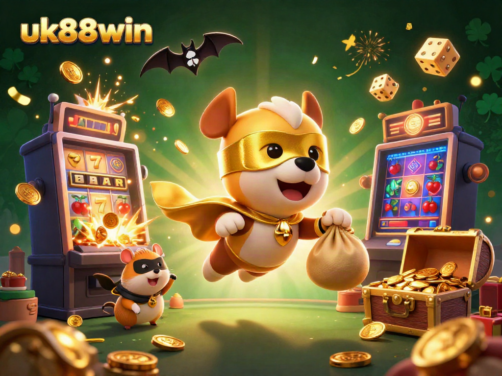 Experience uk88win with dynamic gaming excitement and vibrant casino elements in this colorful 3D illustration.