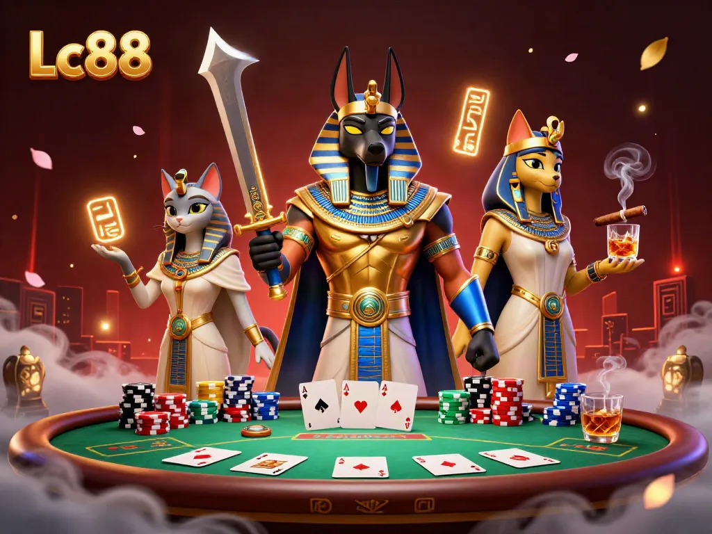 Join Lc88 for thrilling poker game action with Anubis and Bastet at a vibrant casino scene