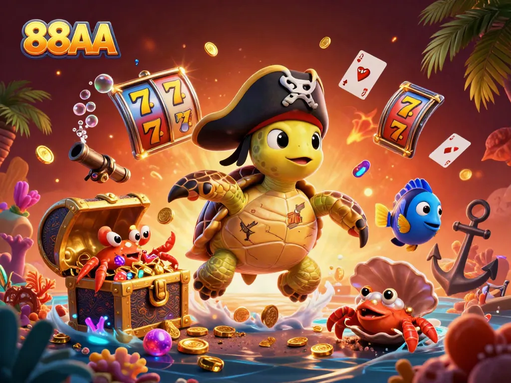 Engage in thrilling adventures with the 88AA online casino characters, including a pirate turtle and hermit crab.