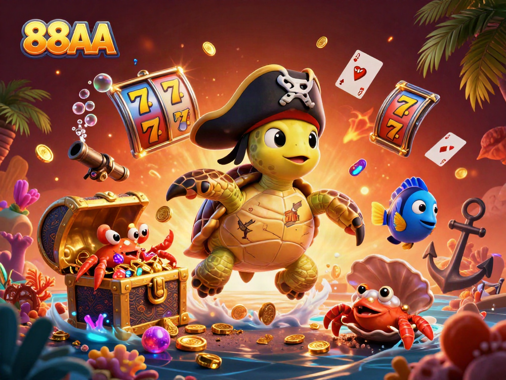 Engage in thrilling adventures with the 88AA online casino characters, including a pirate turtle and hermit crab.