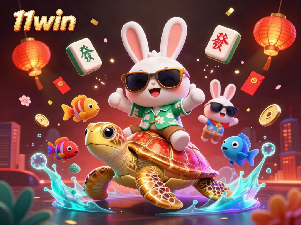Experience thrilling wins at 11win with an exciting casino scene featuring a lucky rabbit and treasures.
