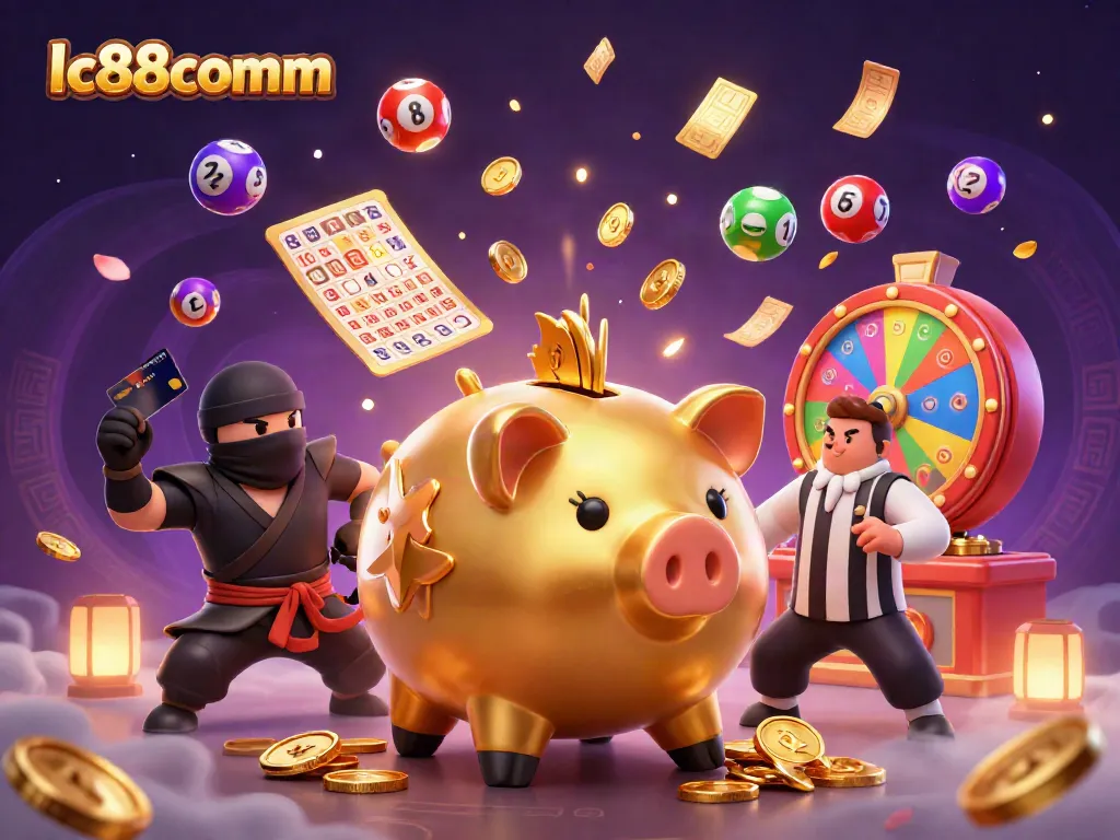 Experience dynamic fun with lc88comm's golden piggy bank in a colorful 3D illustration.