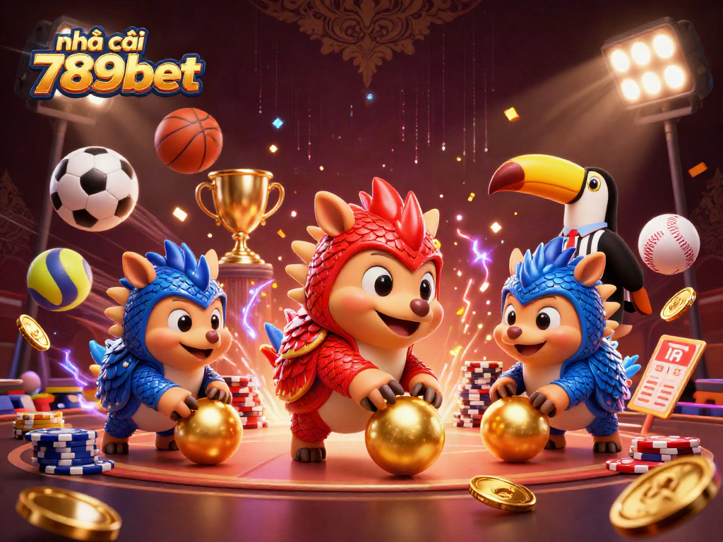 Engage and win with nhà cái 789bet in an exciting 3D casino scene featuring characters and sports elements.