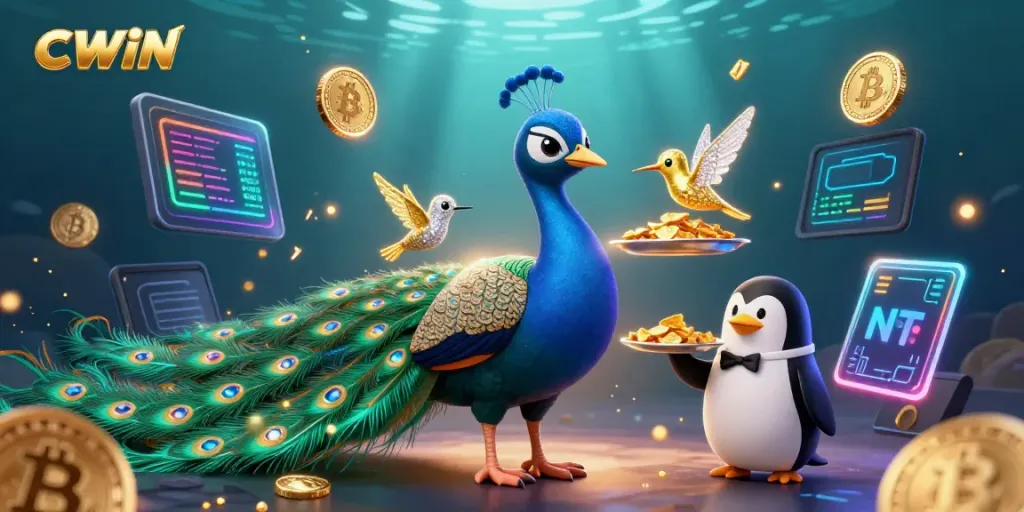 CWIN showcases a vibrant casino scene with a regal peacock, penguin butler, and glowing cryptocurrency elements.